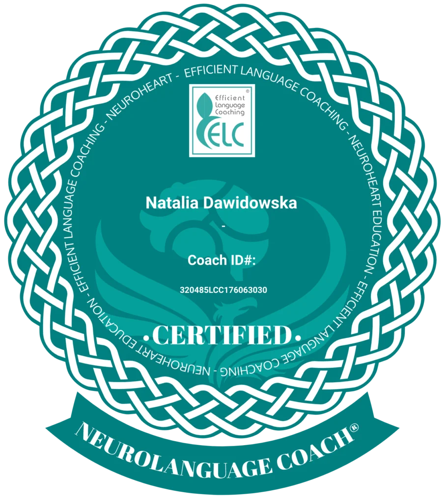 Odznaka dla Natali Dawidowskiej jako certyfikowanego coacha językowego