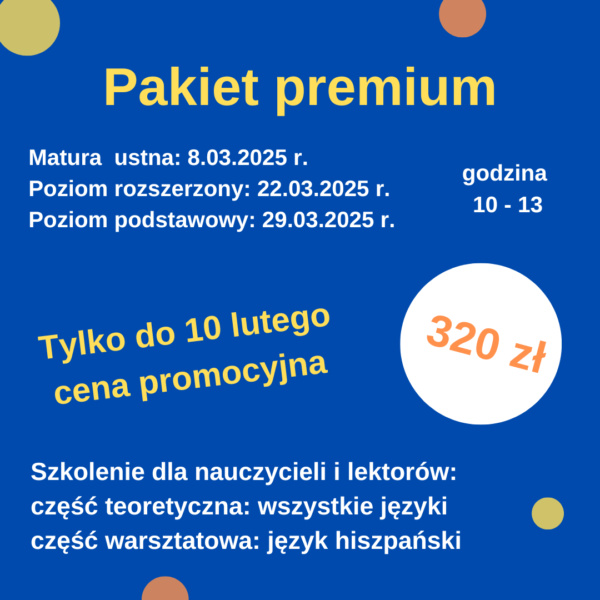 Obrazek prezentujący produkt w sklepie "Pakiet premium" dotyczący pakietu szkoleń z matury z języka obcego.