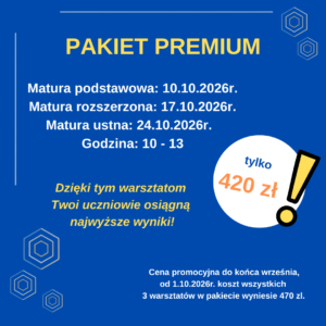 Obrazek prezentujący produkt w sklepie "Pakiet premium" dotyczący pakietu szkoleń z matury z języka obcego.